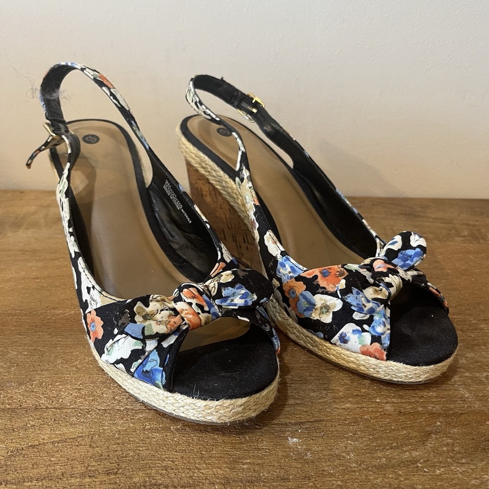 DressBarn Floral Bow Cork Wedge Espadrille Slingback Peep Toe Sandals Sz 9